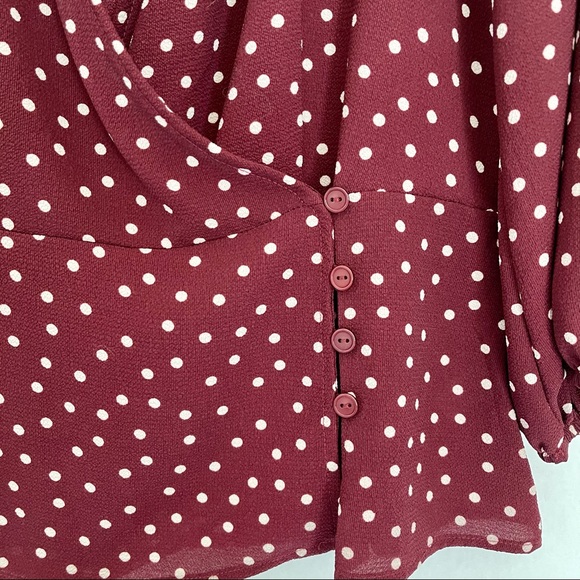 Bobeau Side Button Wrap Blouse Burgundy/Ivory Dot - Picture 3 of 14